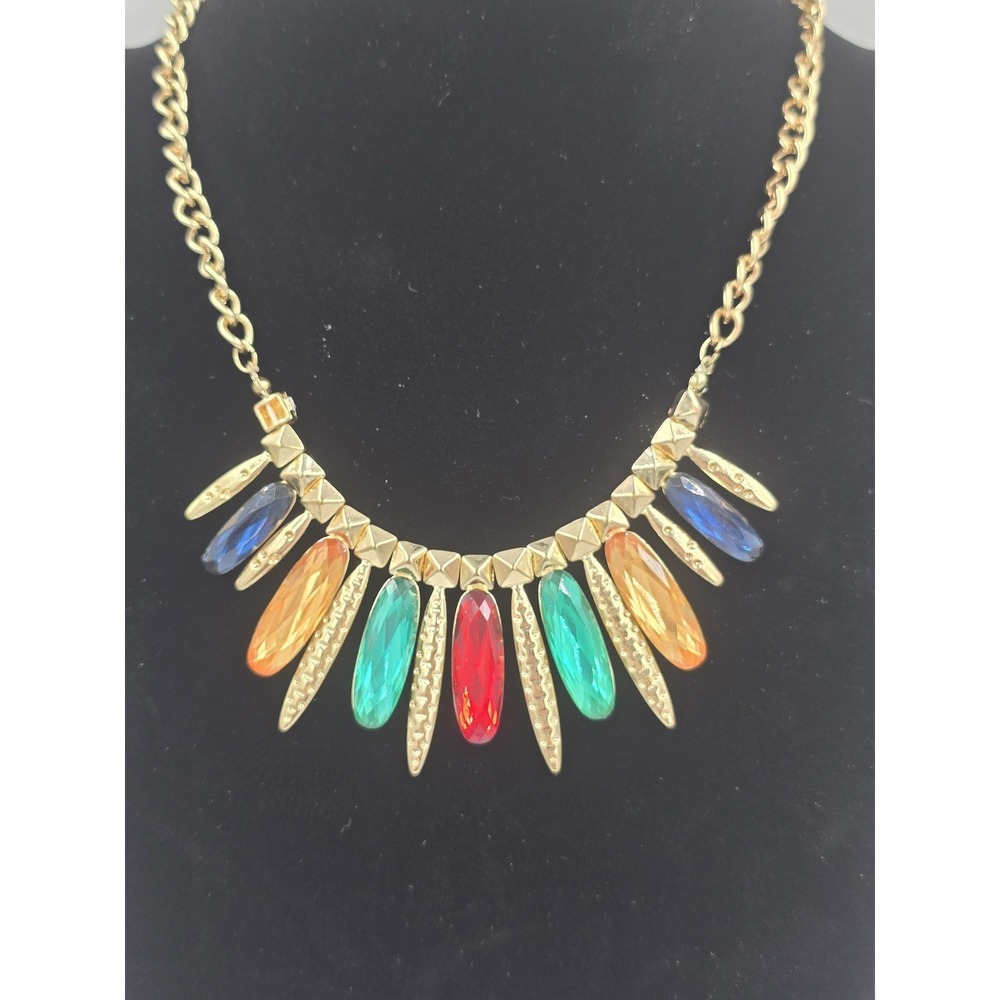 Gold Tone Multi-Color Gemstone Bib Statement Necklace Fashion Jewelry
